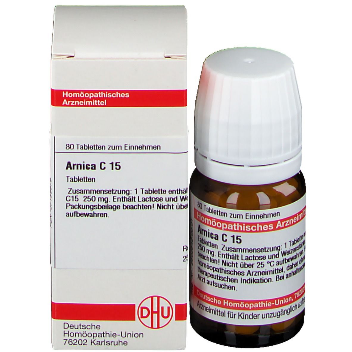 Braune Glasflasche und Karton. Karton mit Text: DHU Arnica C 15. Flasche mit Tabletten.