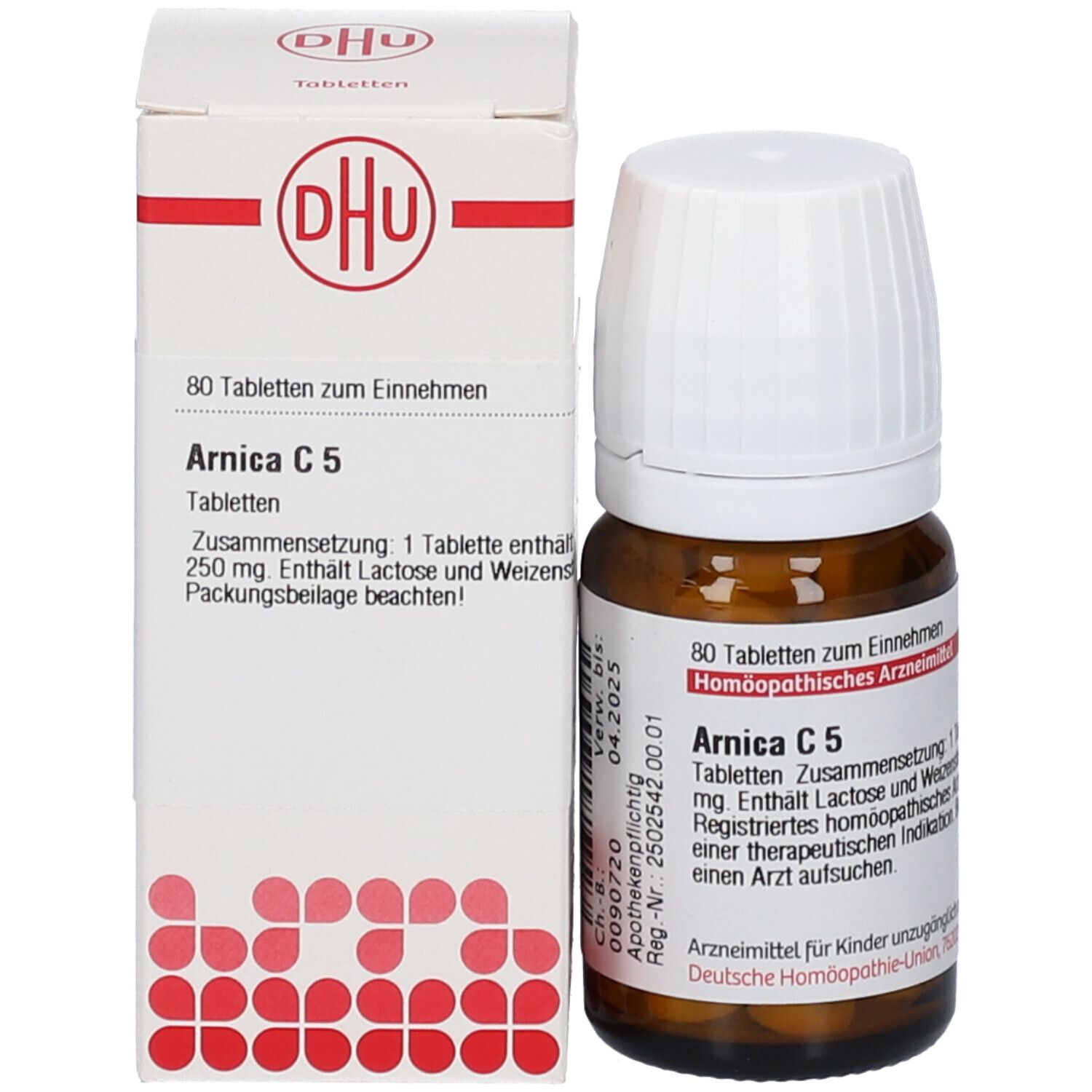 Braune Glasflasche und Schachtel. Schachtel mit DHU-Logo und Text: Arnica C5, 80 Tabletten.