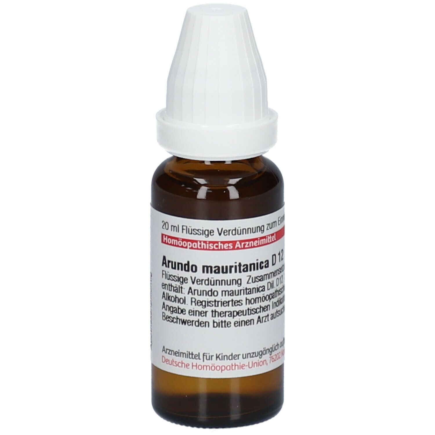 Braune Glasflasche mit weißem Verschluss. Etikett mit Text: Arundo Mauritanica D12, 20 ml. Deutsche Homöopathie-Union.