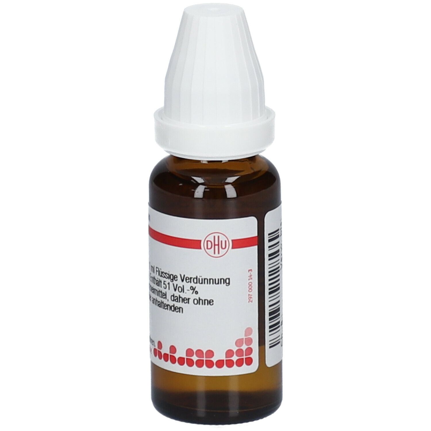 Braune Glasflasche mit weißem Verschluss. Etikett mit DHU-Logo und Text: 20 ml Flüssige Verdünnung. Enthält 51 Vol.-% Alkohol.