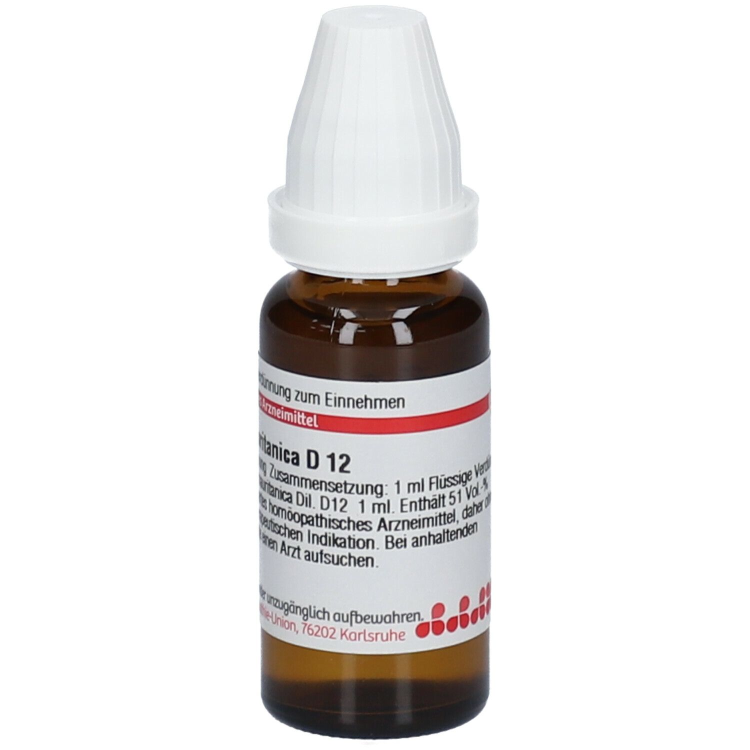 Braune Glasflasche mit weißem Verschluss. Etikett mit Text: Arundo Mauritanica D12. 1 ml Flüssige Verdünnung. Homöopathisches Arzneimittel.