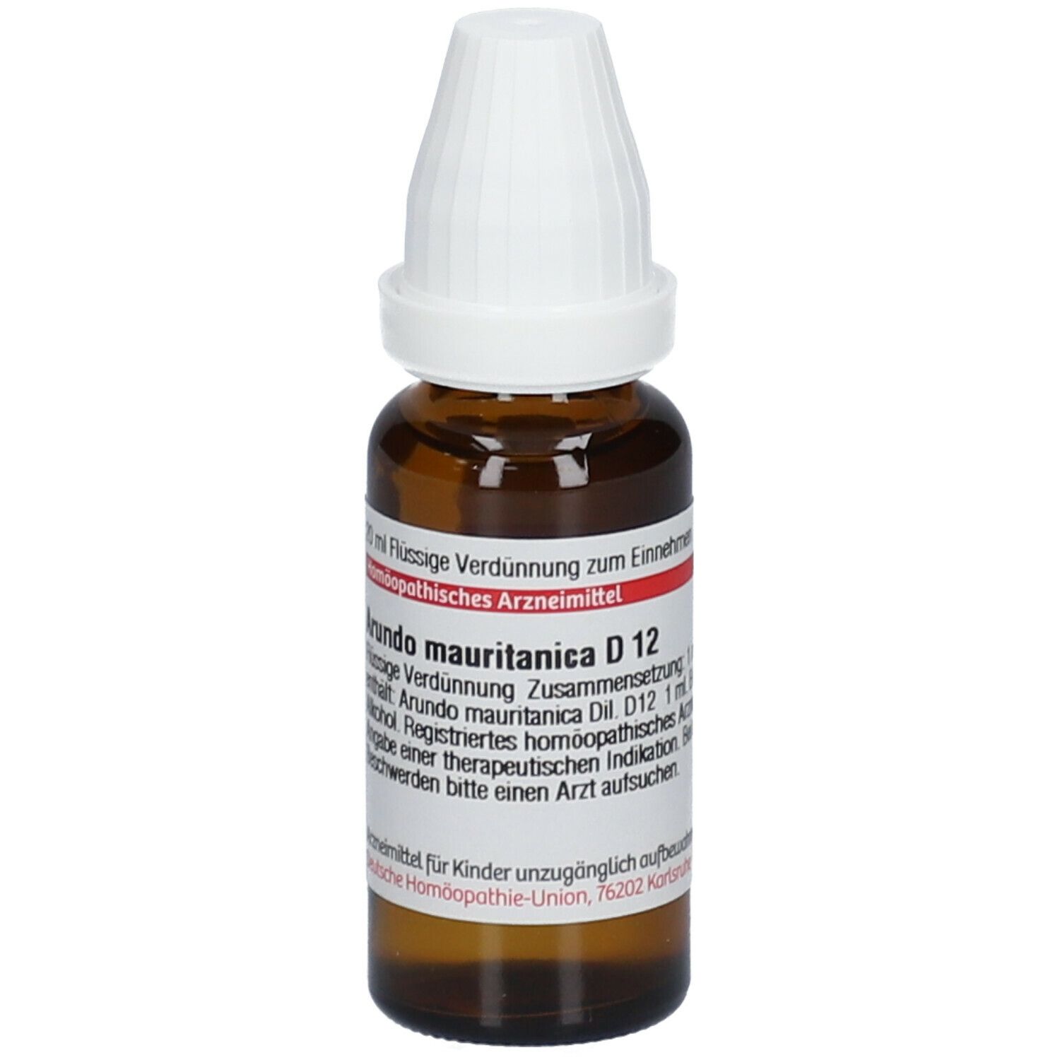 Braune Glasflasche mit weißem Verschluss. Etikett mit Text: Arundo Mauritanica D12. 20 ml Flüssige Verdünnung. Homöopathisches Arzneimittel.