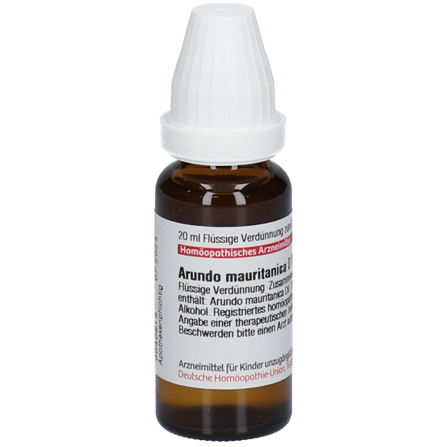 Braune Glasflasche mit weißem Verschluss. Etikett mit Text: Arundo Mauritanica D12. 20 ml Flüssige Verdünnung. Homöopathisches Arzneimittel.