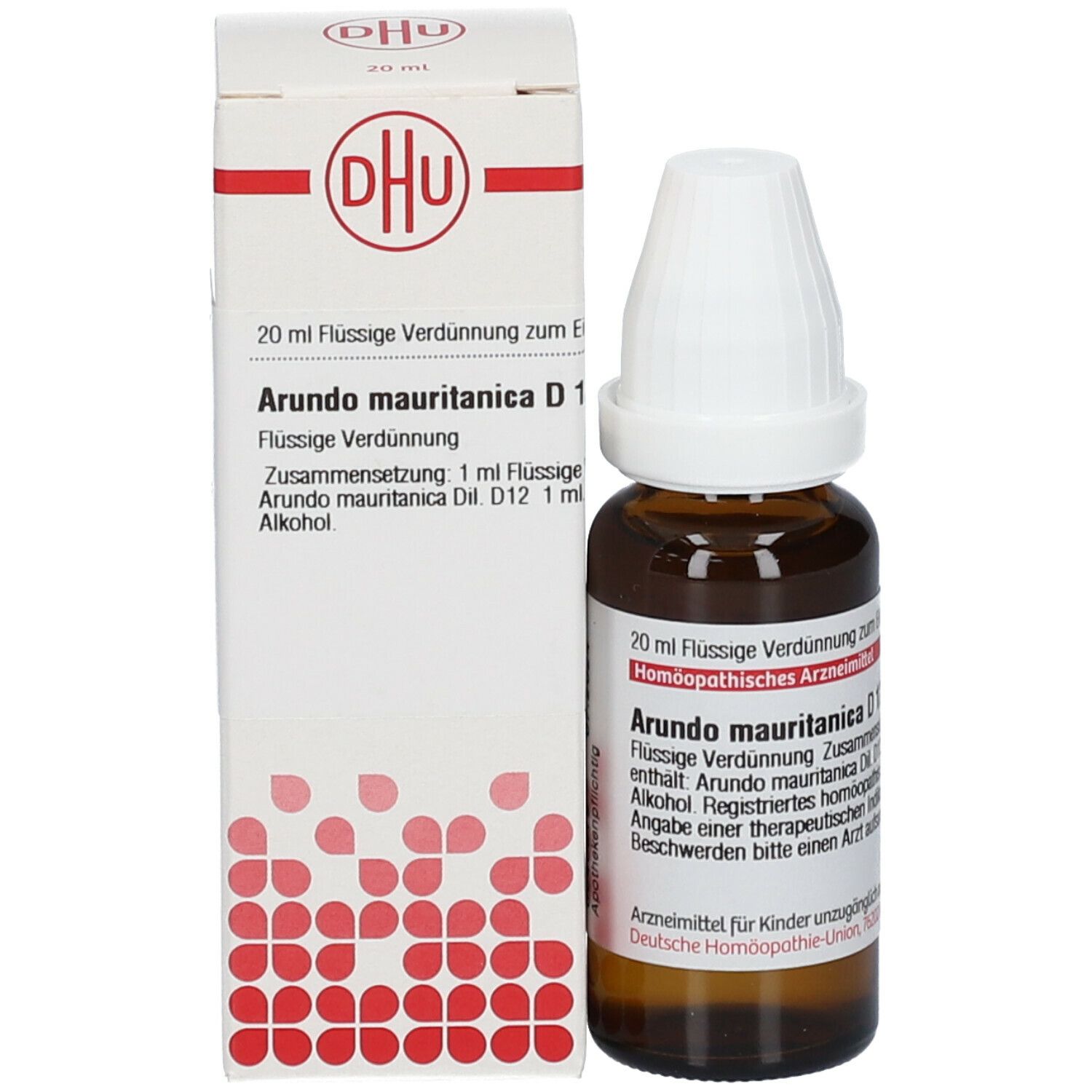 Braune Glasflasche mit weißem Verschluss und Verpackung. Verpackung mit DHU-Logo und Text: Arundo Mauritanica D12, 20 ml.