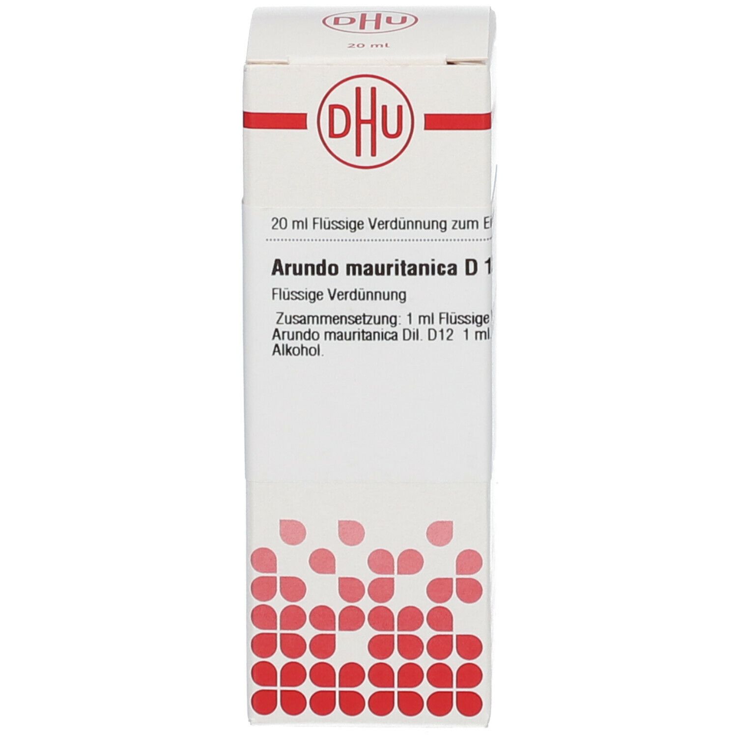 Weiße Verpackung mit DHU-Logo und Text: Arundo Mauritanica D12, 20 ml Flüssige Verdünnung. Rote Punkte am unteren Rand.
