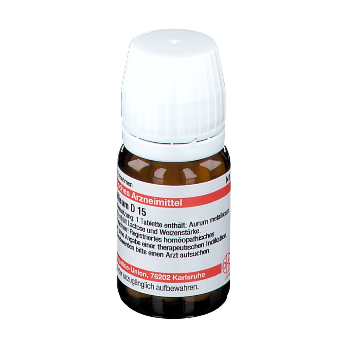 Braune Glasflasche mit weißem Deckel. Etikett mit Text: Aurum metallicum D 15. Deutsche Homöopathie-Union, 76202 Karlsruhe.