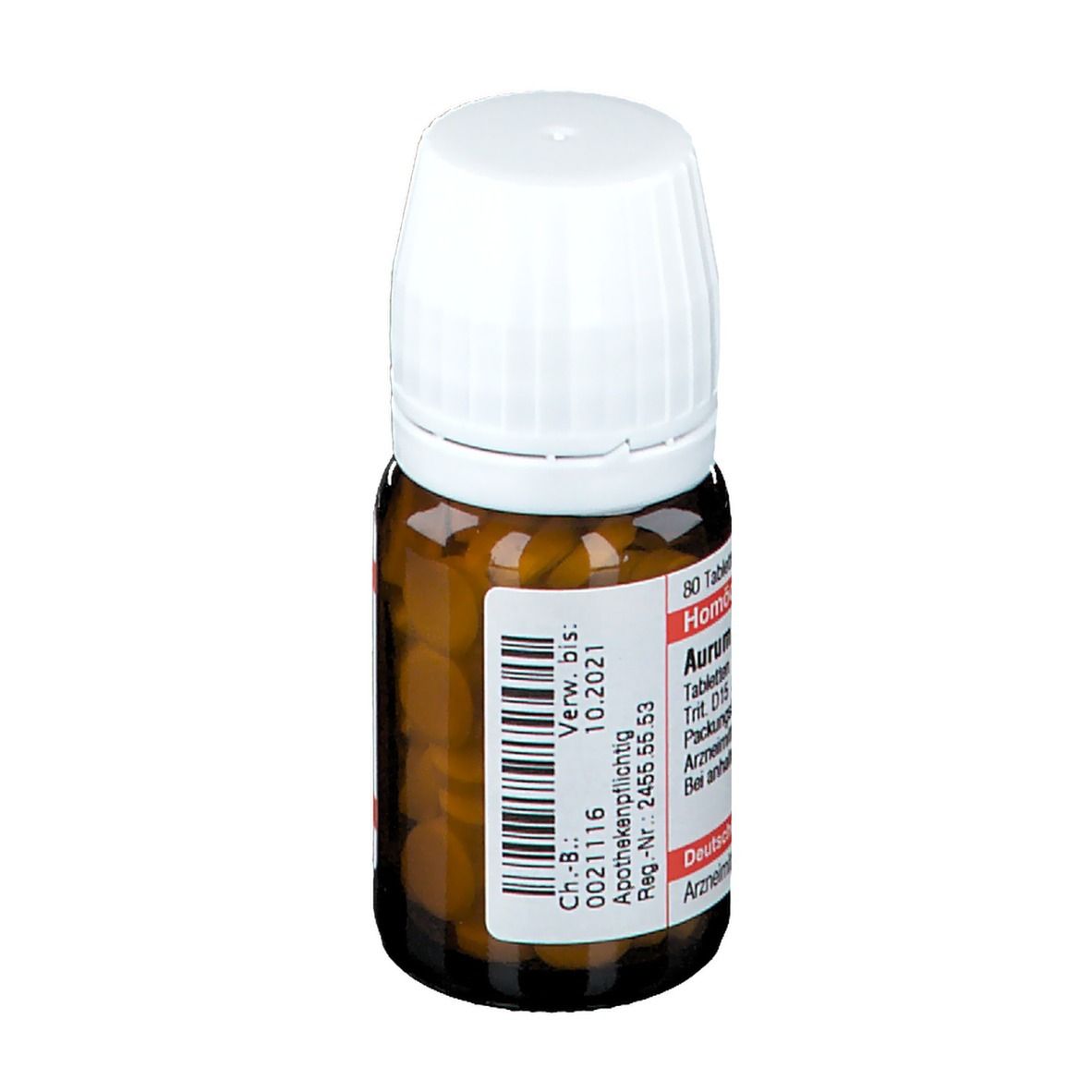 Braune Glasflasche mit weißem Deckel. Etikett mit Text: Aurum metallicum D 15, 80 Tabletten. Apothekenpflichtig. Verwendbar bis 10.2021.