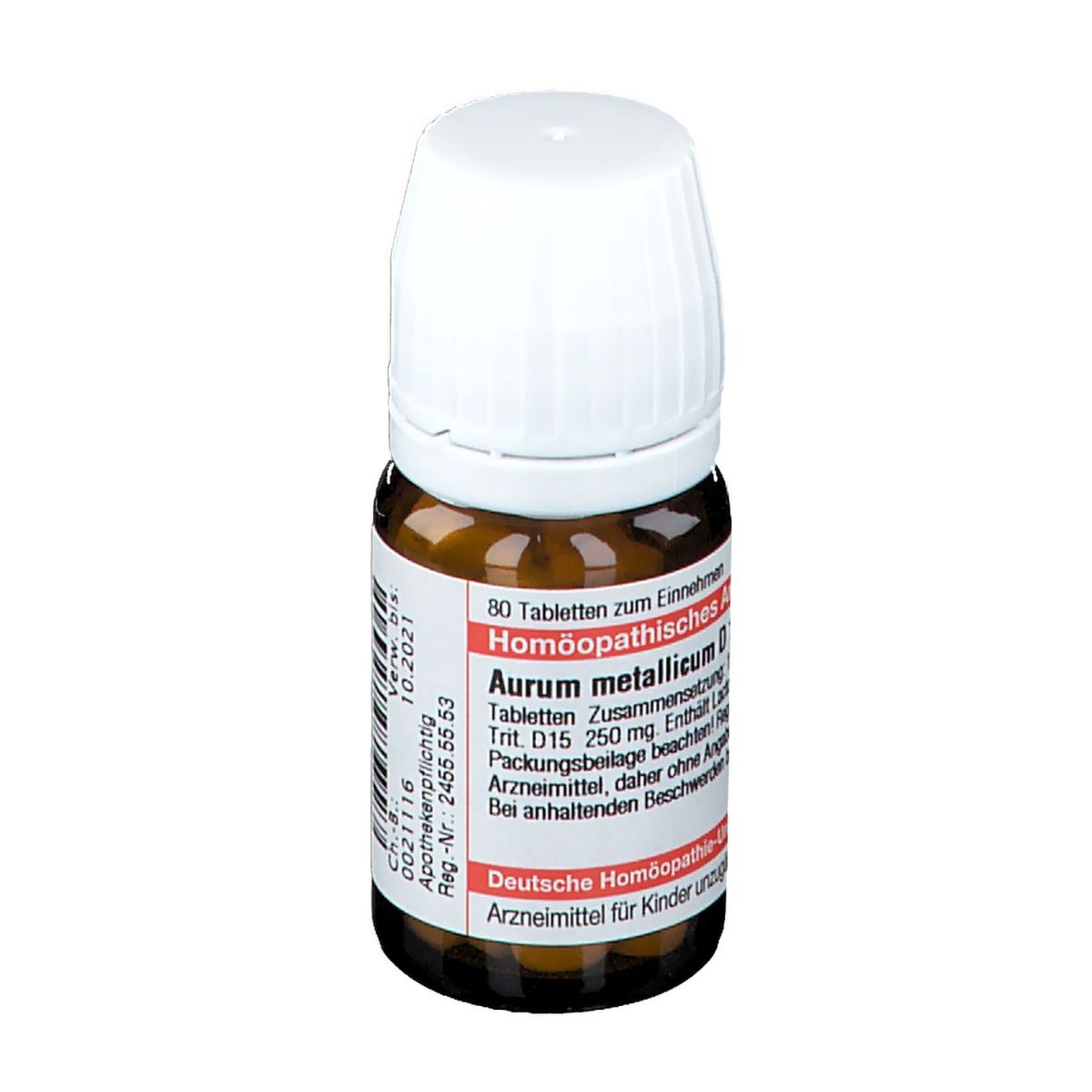 Braune Glasflasche mit weißem Deckel. Etikett mit Text: Aurum metallicum D 15, 80 Tabletten. Deutsche Homöopathie-Union.
