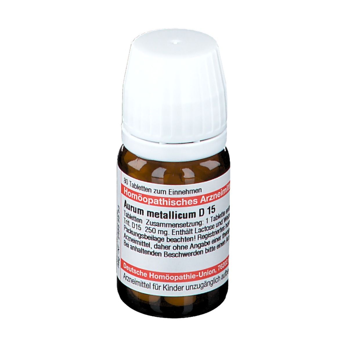 Braune Glasflasche mit weißem Deckel. Etikett mit Text: Aurum metallicum D 15, 30 Tabletten. Deutsche Homöopathie-Union.