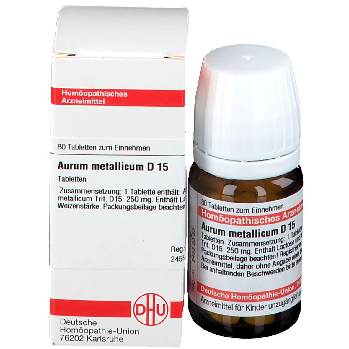 Produktverpackung mit Flasche. Flasche: Aurum metallicum D 15, 80 Tabletten. Schachtel: Deutsche Homöopathie-Union, 76202 Karlsruhe.