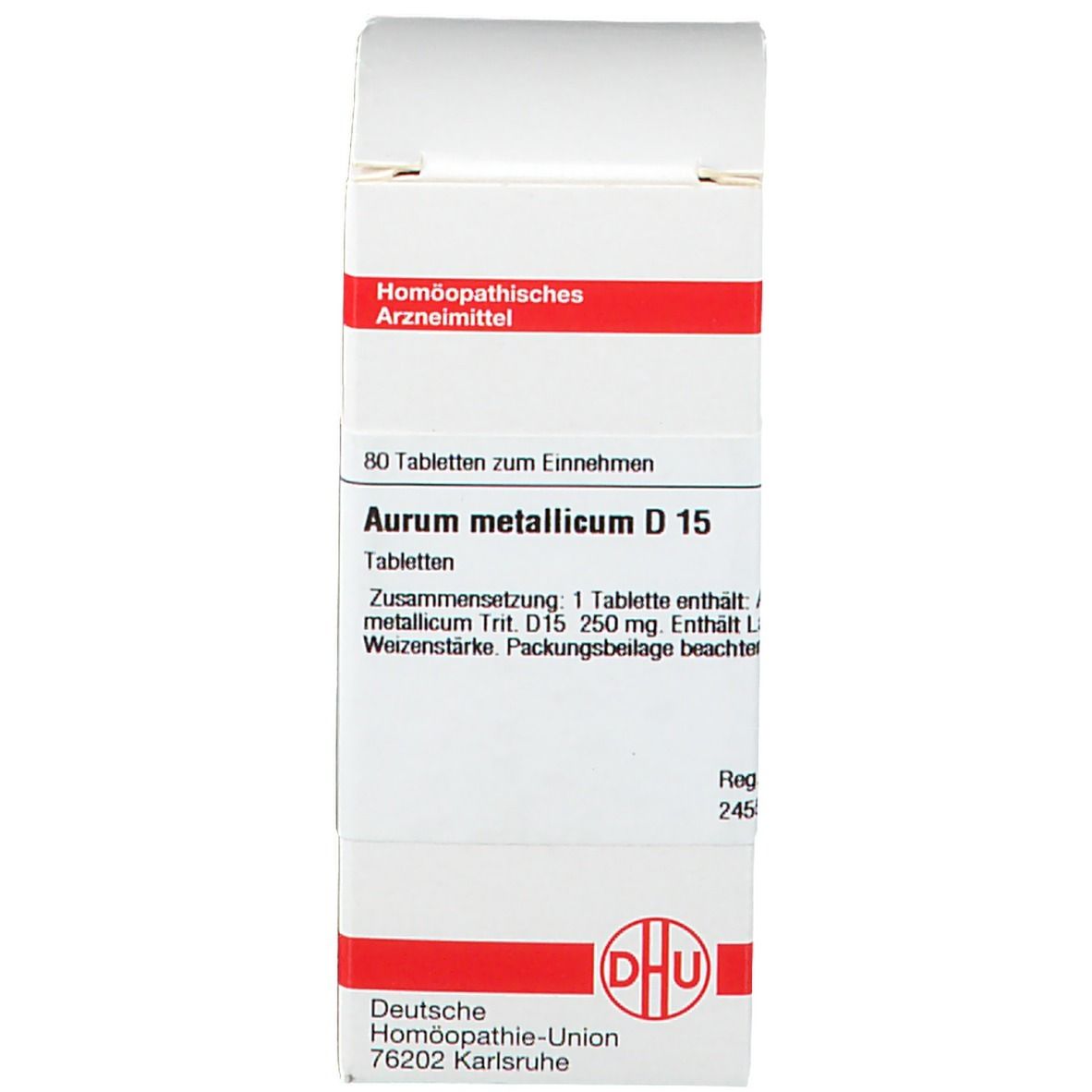 Produktverpackung. Schachtel mit Text: Aurum metallicum D 15, 80 Tabletten. Deutsche Homöopathie-Union, 76202 Karlsruhe.