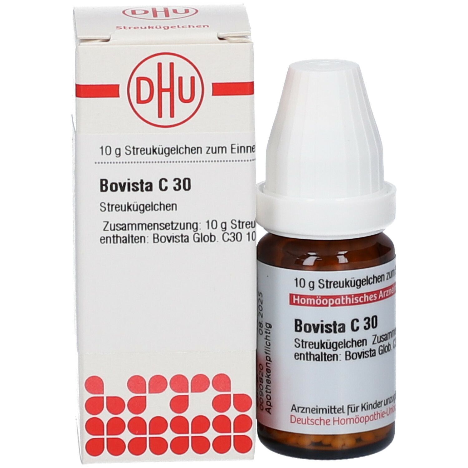 Braune Glasflasche und Schachtel. Schachtel mit DHU-Logo und Text: Bovista C 30, 10 g Streukügelchen. Apothekenpflichtig.