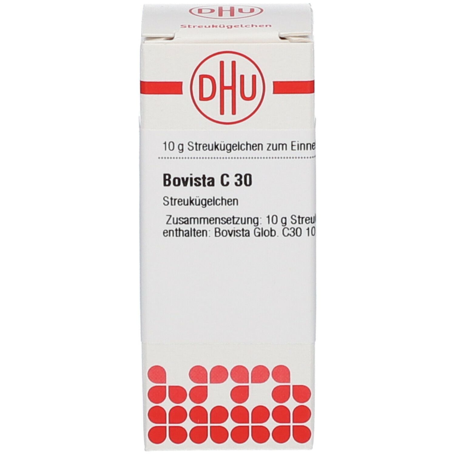 Weiße Schachtel mit DHU-Logo und Text: Bovista C 30, 10 g Streukügelchen. Apothekenpflichtig.