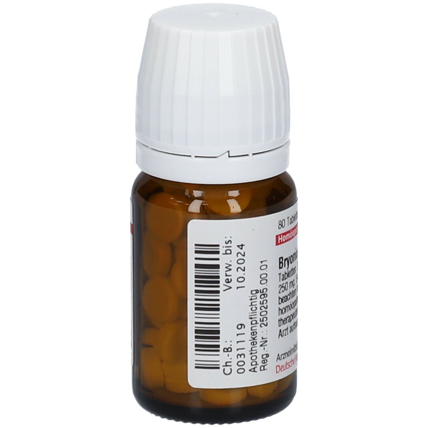 Braune Glasflasche mit weißen Deckel. Etikett mit Text und Barcode. Enthält Tabletten. Apothekenpflichtig.