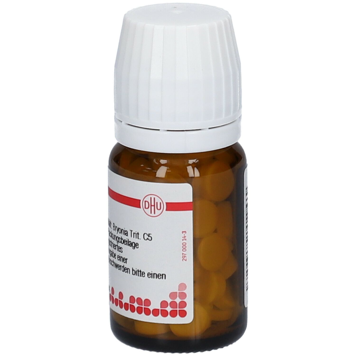 Braune Glasflasche mit weißem Deckel. Etikett mit Text. Enthält Tabletten. DHU-Logo sichtbar.