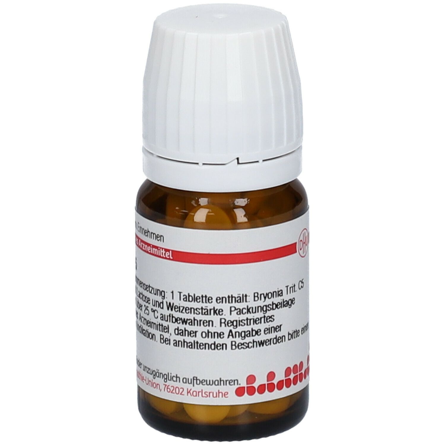 Braune Glasflasche mit weißem Deckel. Etikett mit Text. Enthält Tabletten. Rückseite der Flasche.