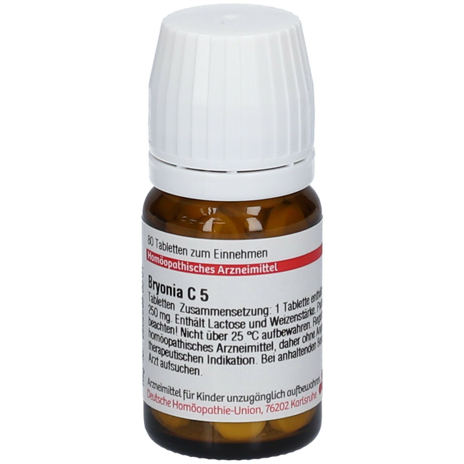 Braune Glasflasche mit weißem Deckel. Etikett mit Text. Enthält Tabletten. Homöopathisches Arzneimittel.