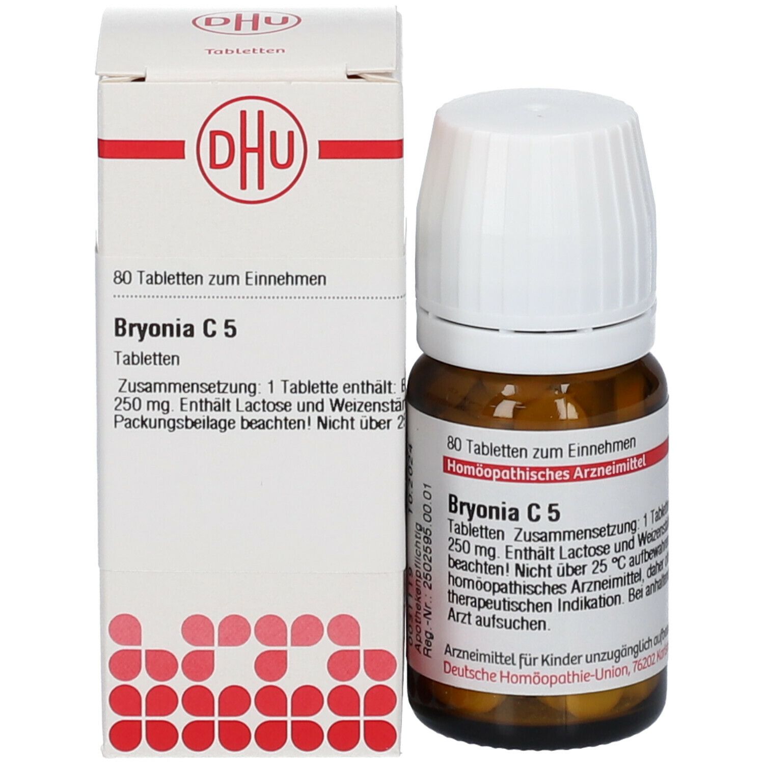 Braune Glasflasche und Schachtel. Beide mit Text und Logo. Enthält Tabletten. DHU Bryonia C5.