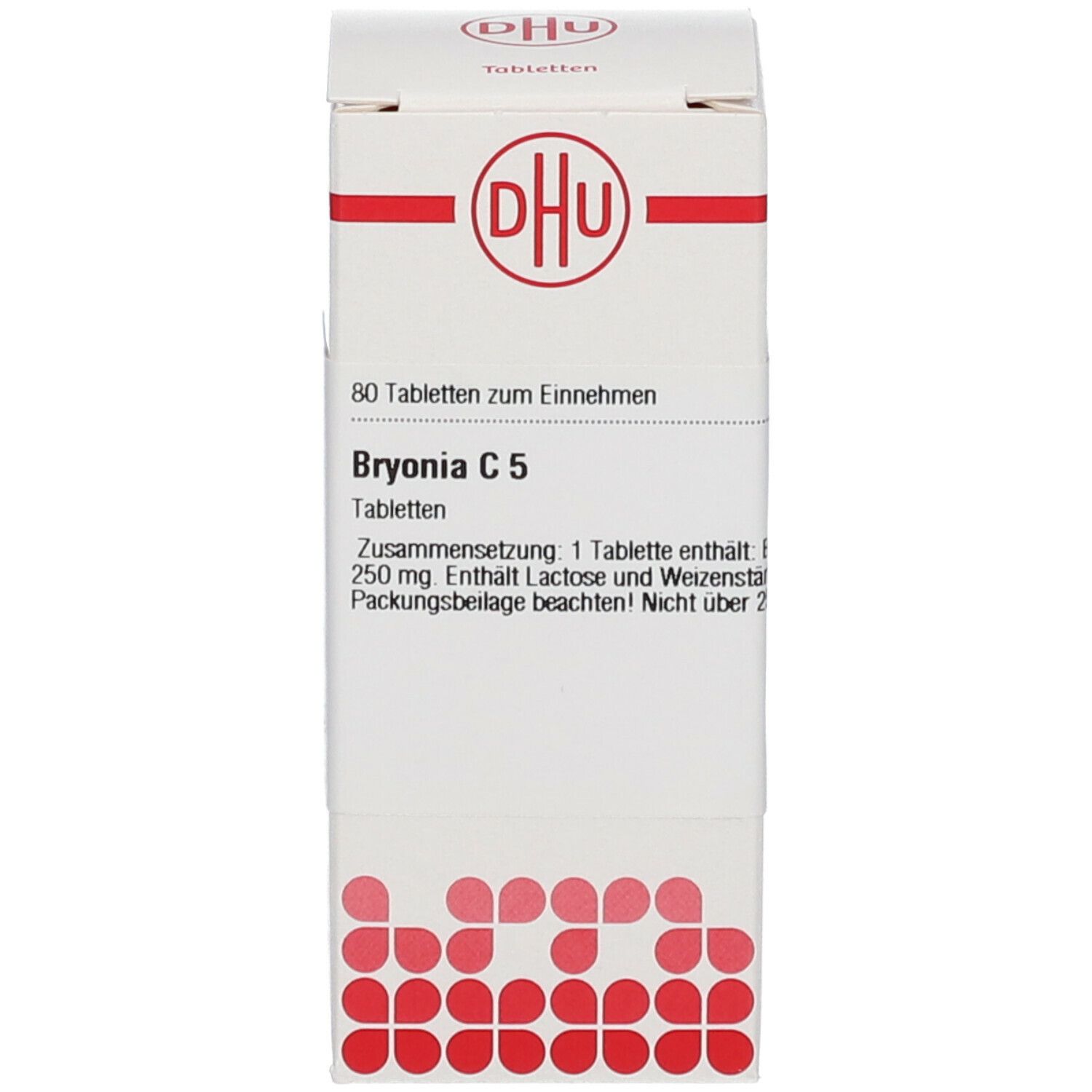 Weiße Schachtel mit Text und Logo. Enthält Tabletten. DHU Bryonia C5. 80 Tabletten zum Einnehmen.