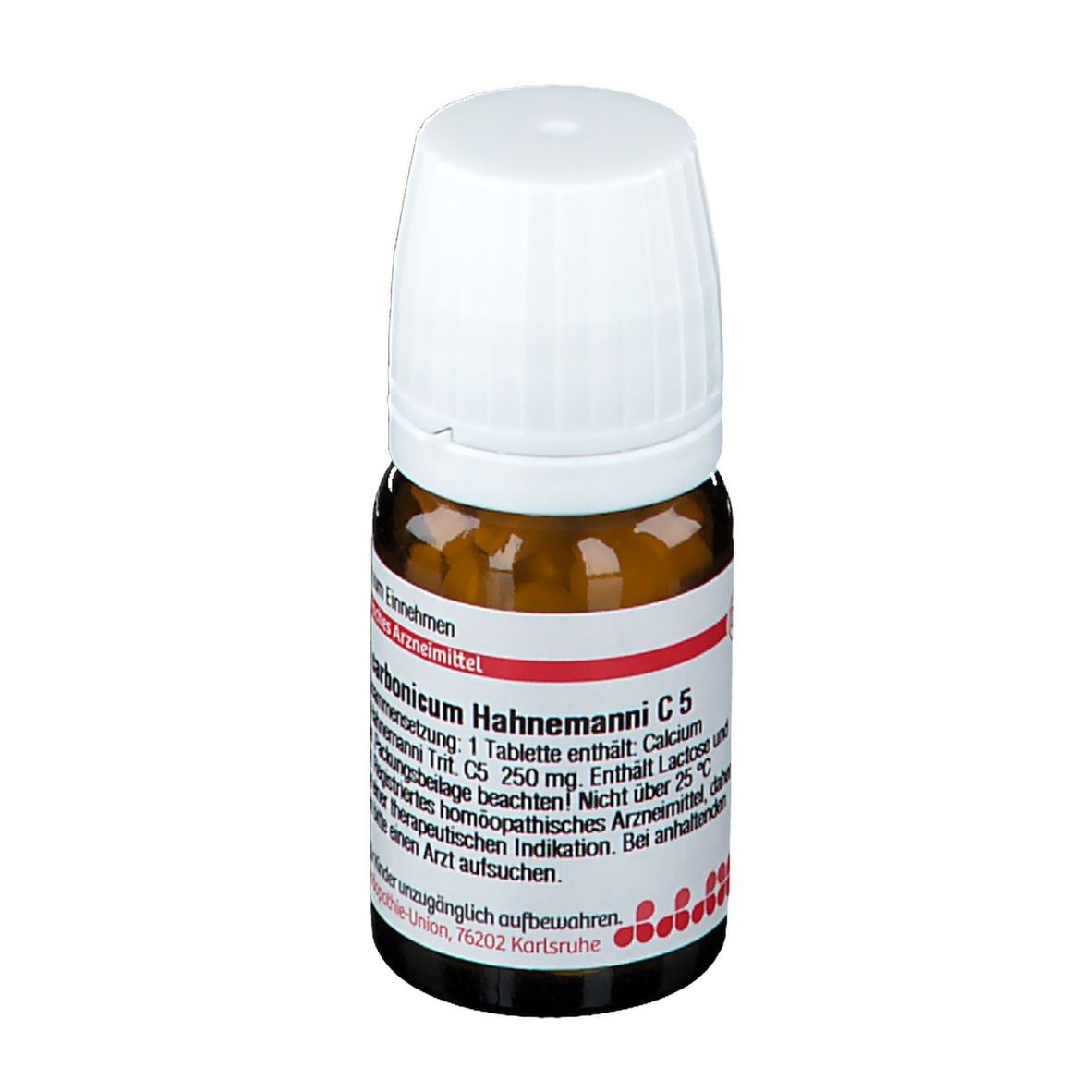 Braune Glasflasche mit weißem Deckel. Etikett mit rotem Streifen und Text. Produktname: Calcium Carbonicum Hahnemanni C5.
