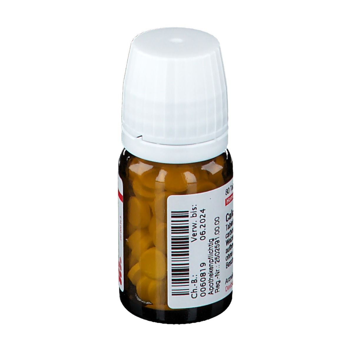 Braune Glasflasche mit weißem Deckel. Etikett mit rotem Streifen und Text. Tabletten sichtbar. Produktname: DHU Calcium Carbonicum Hahnemanni C5.