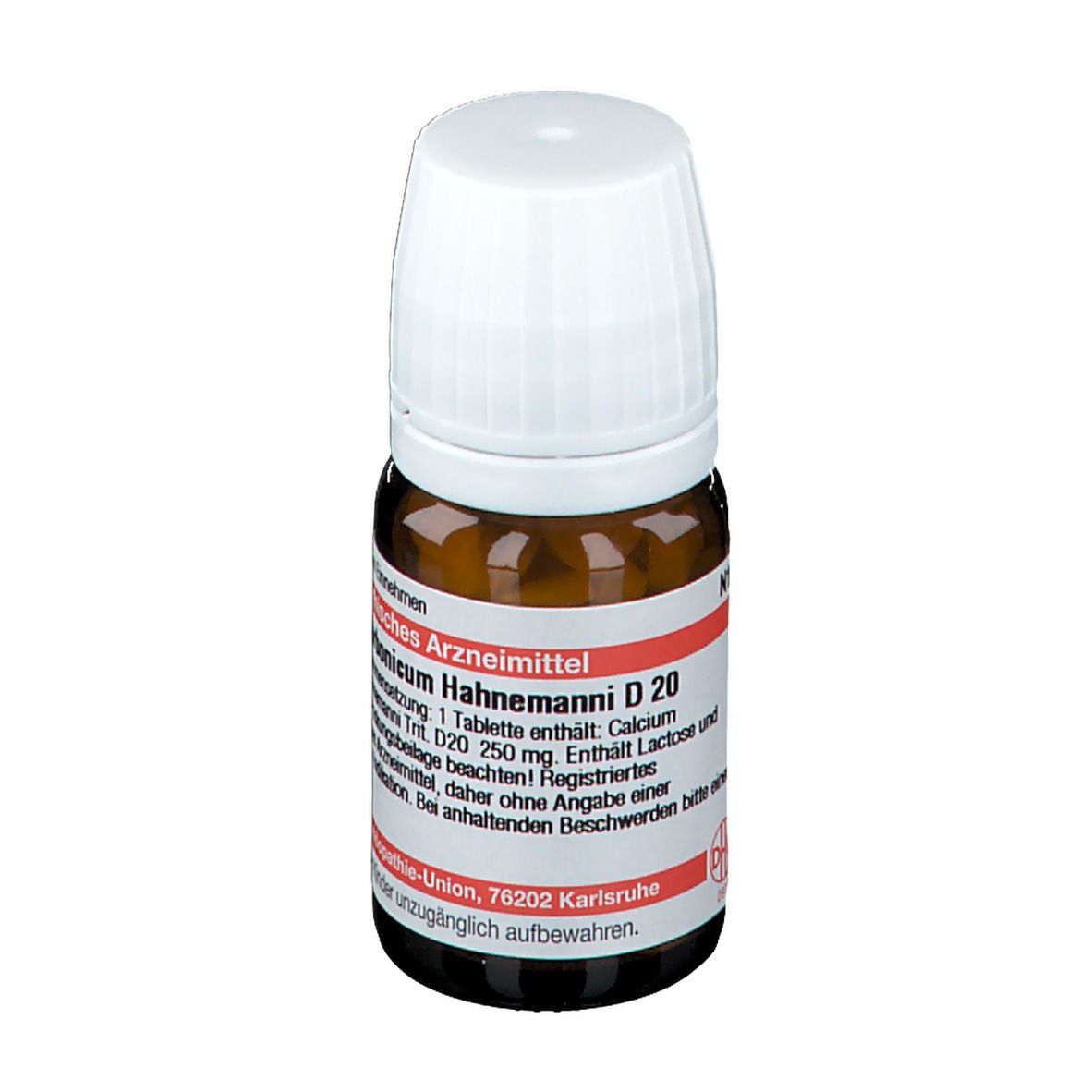Braune Glasflasche mit weißem Deckel. Etikett mit Text: Calcium carbonicum Hahnemanni D 20. Deutsche Homöopathie-Union.