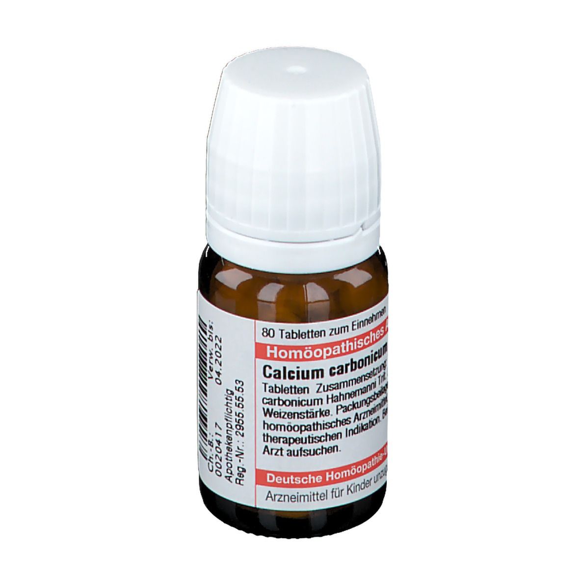 Braune Glasflasche mit weißem Deckel. Etikett mit Text: Calcium carbonicum Hahnemanni D20, 80 Tabletten. Deutsche Homöopathie-Union.
