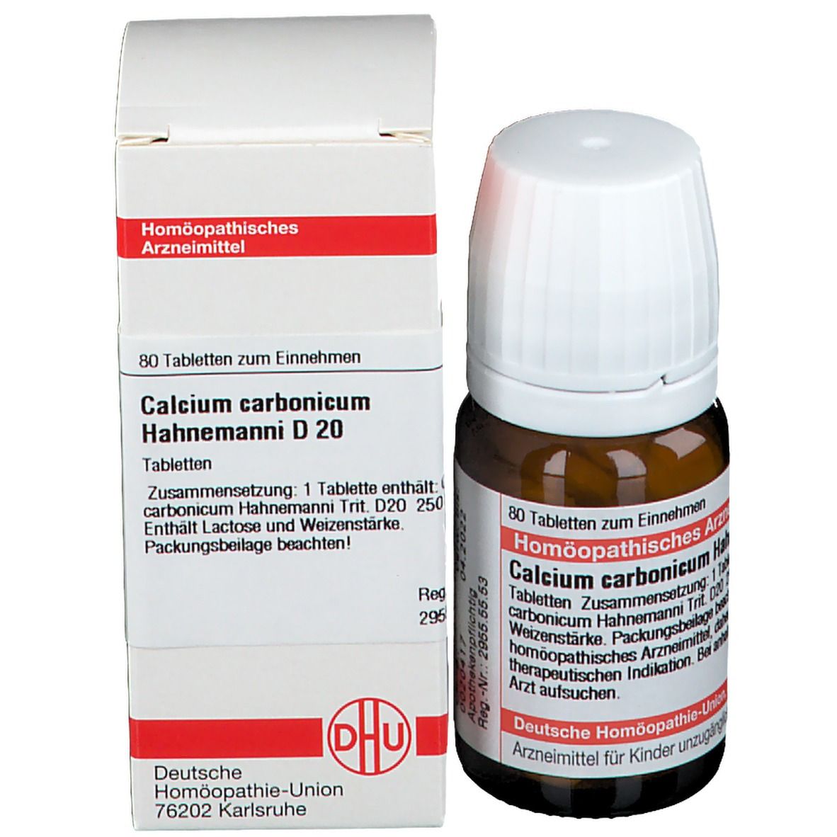 Braune Glasflasche mit weißem Deckel und Faltschachtel. Auf der Flasche: Calcium carbonicum Hahnemanni D 20. Auf der Schachtel: DHU Logo.