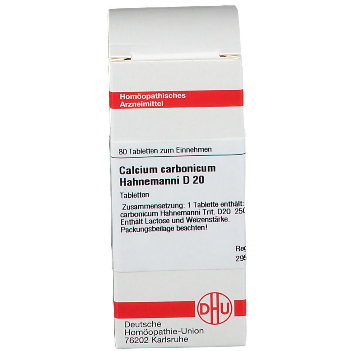 Weiße Faltschachtel mit Text: Calcium carbonicum Hahnemanni D 20, 80 Tabletten. DHU Logo. Deutsche Homöopathie-Union.