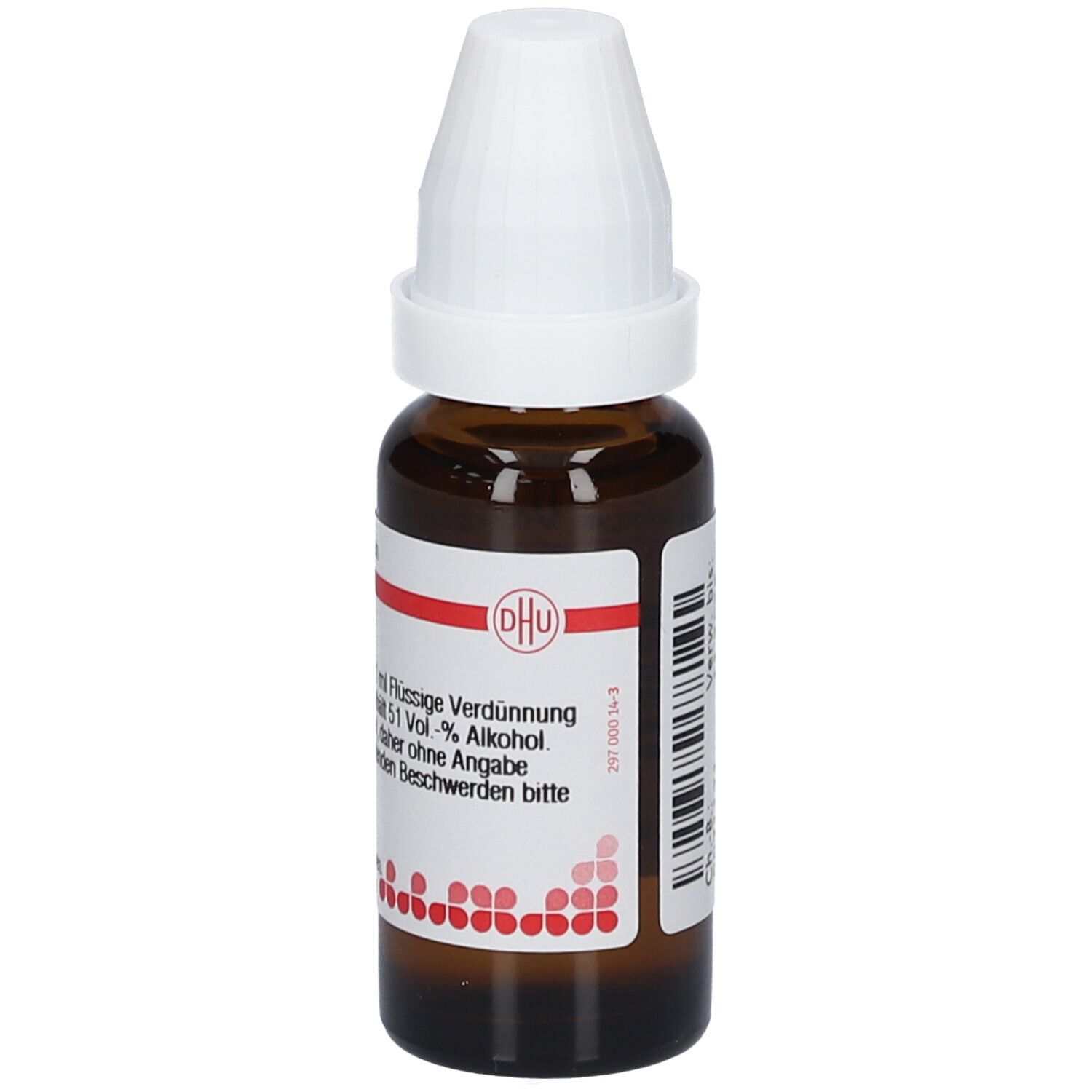 Braune Glasflasche mit weißem Verschluss. Etikett mit DHU Logo und Text: 51 Vol.-% Alkohol.