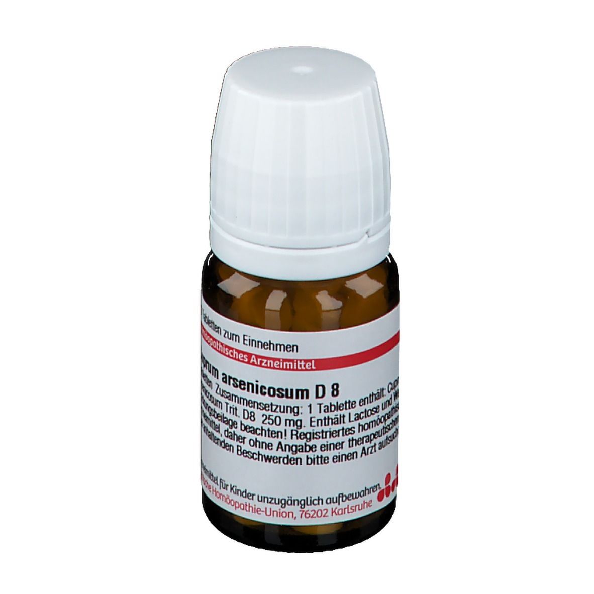 Braune Glasflasche mit weißem Deckel. Rotes Etikett mit Text. Produktname: Cuprum arsenicosum D 8.