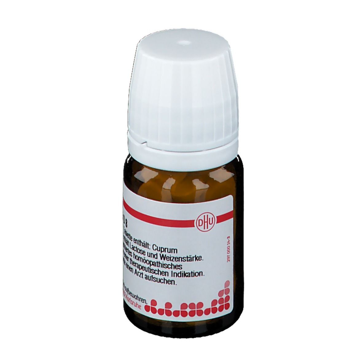 Braune Glasflasche mit weißem Deckel. Rotes Etikett mit Text. DHU-Logo. Produktname: Cuprum arsenicosum D 8.