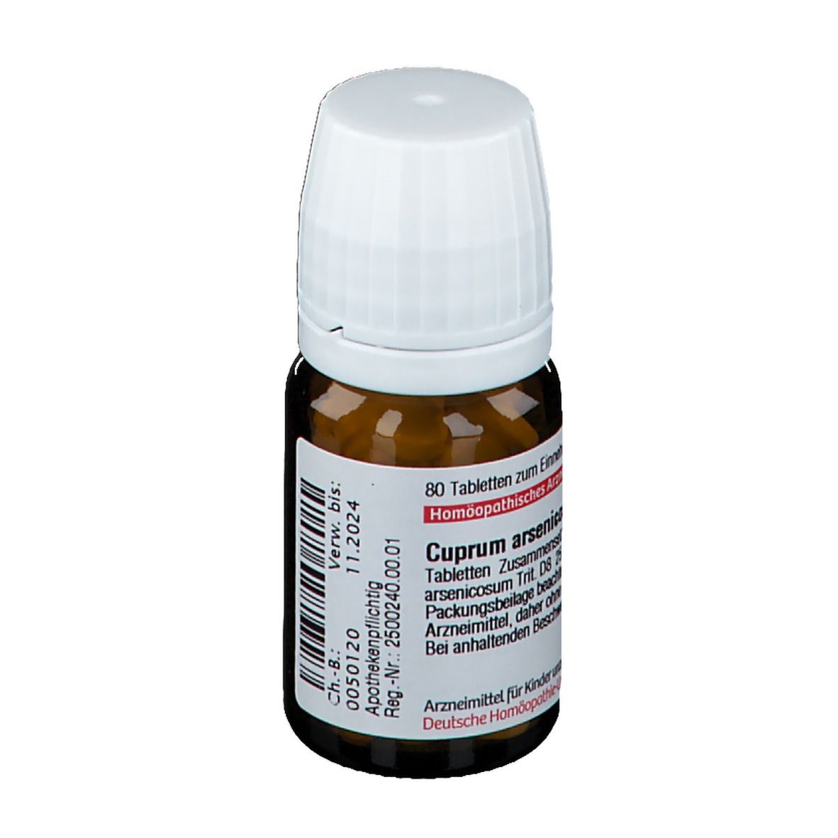 Braune Glasflasche mit weißem Deckel. Rotes Etikett mit Text. Produktname: Cuprum arsenicosum D 8. 80 Tabletten.