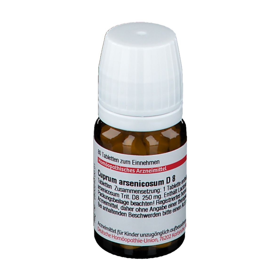 Braune Glasflasche mit weißem Deckel. Rotes Etikett mit Text. Produktname: Cuprum arsenicosum D 8. 80 Tabletten.