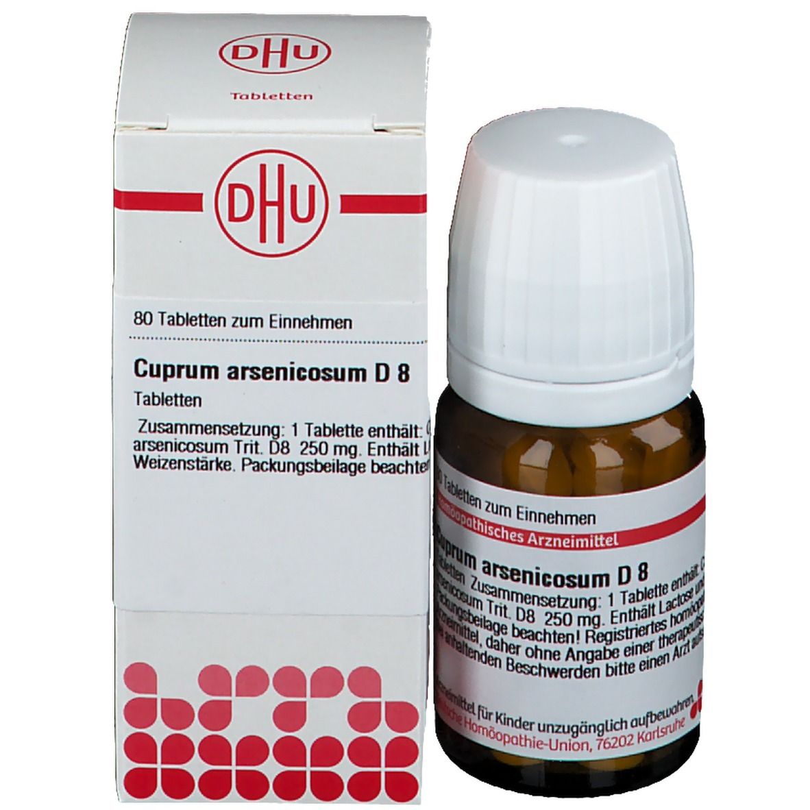 Braune Glasflasche und Schachtel. Schachtel mit DHU-Logo und Produktname: Cuprum arsenicosum D 8. 80 Tabletten.