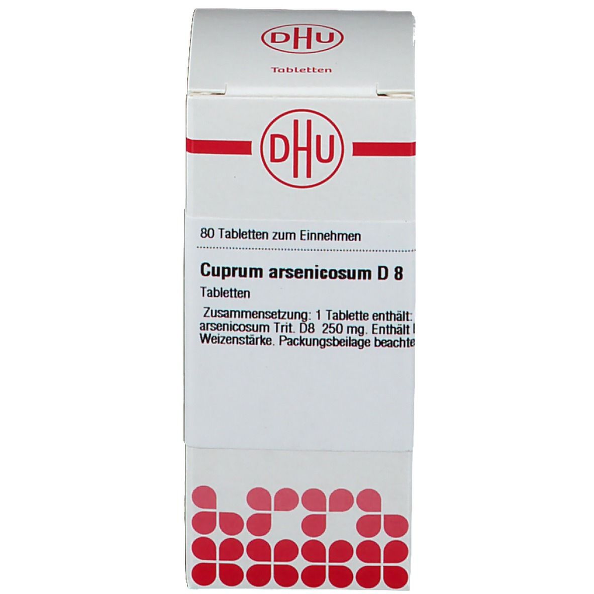 Weiße Schachtel mit DHU-Logo und Produktname: Cuprum arsenicosum D 8. 80 Tabletten. Text auf der Verpackung.