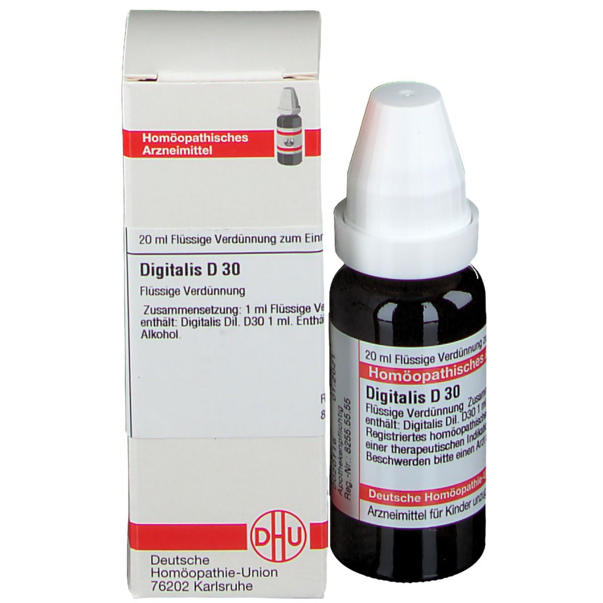 Braune Tropfflasche mit weißem Verschluss neben einer weißen Schachtel. Auf der Flasche steht "Digitalis D 30".
