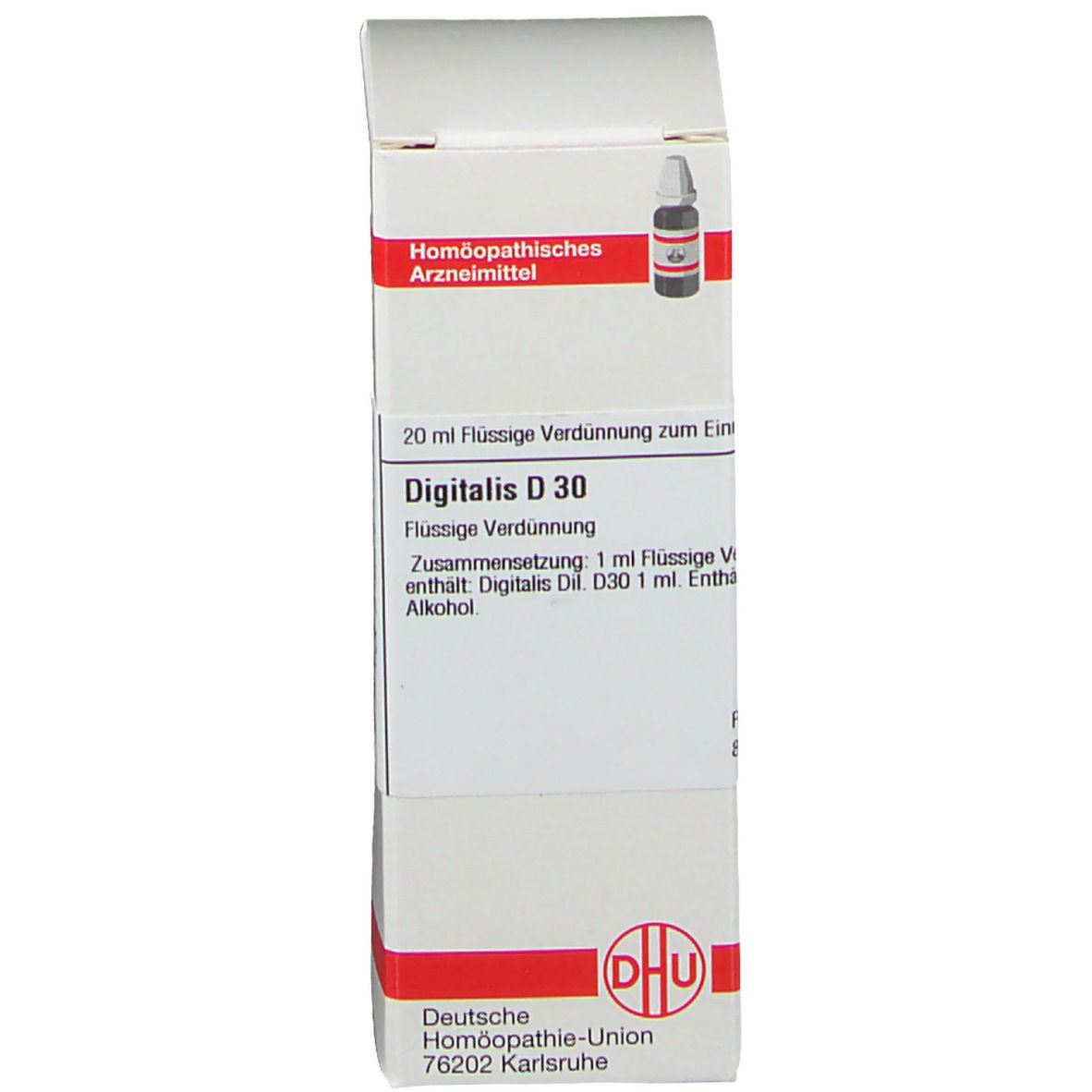 Weiße Schachtel mit Produktabbildung und Text. Auf der Schachtel steht "Digitalis D 30".