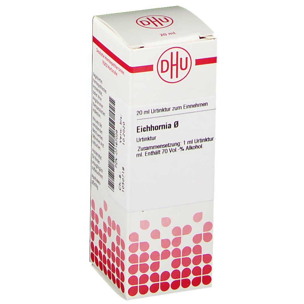 Weiße Faltschachtel mit rotem DHU-Logo und Text. Enthält 20 ml Urtinktur. Aufschrift: Eichhornia Ø, Urtinktur.