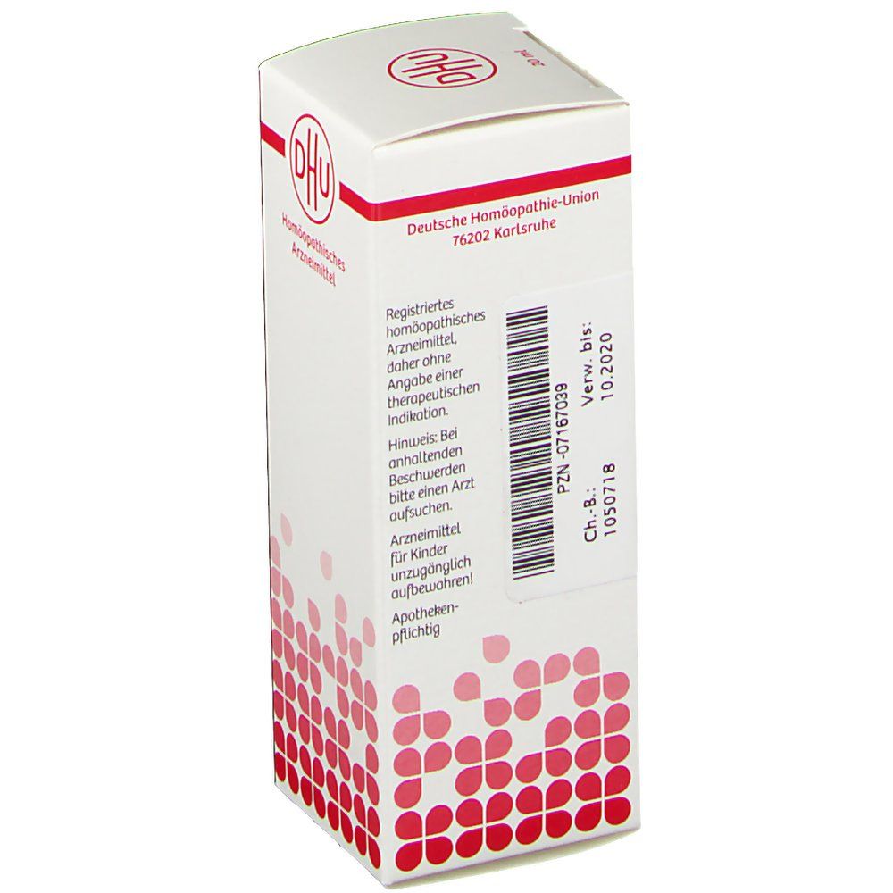 Weiße Faltschachtel mit rotem DHU-Logo und Text. Aufschrift: Deutsche Homöopathie-Union. PZN-07167039. Verwendbar bis 10.2020.