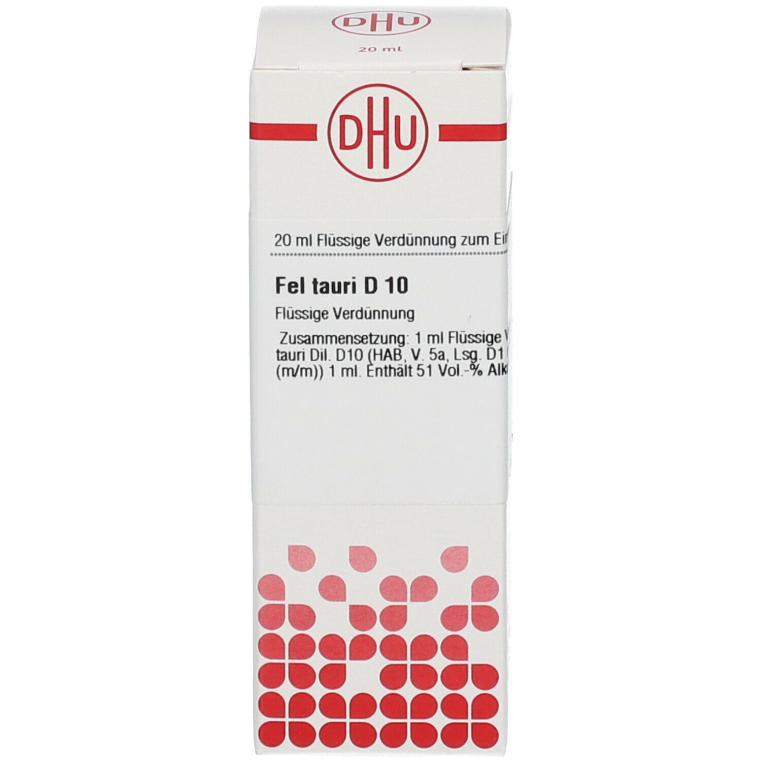 Karton mit rotem Muster und weißem Hintergrund. Aufschrift: DHU, Fel tauri D 10. Flasche sichtbar.