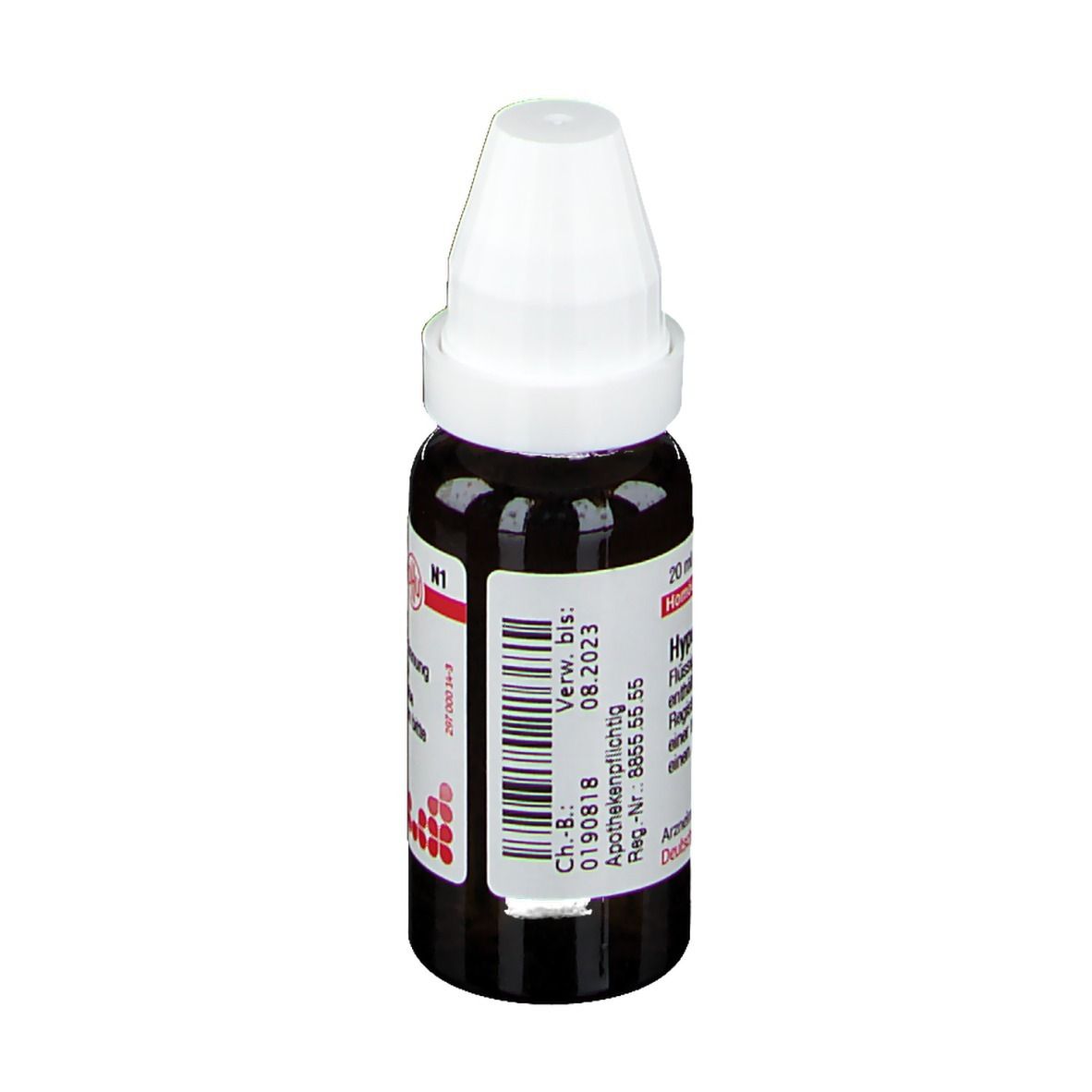 Braune Glasflasche mit weißem Verschluss. Etikett mit Text: Hypericum D 200. Barcode und Verfallsdatum.