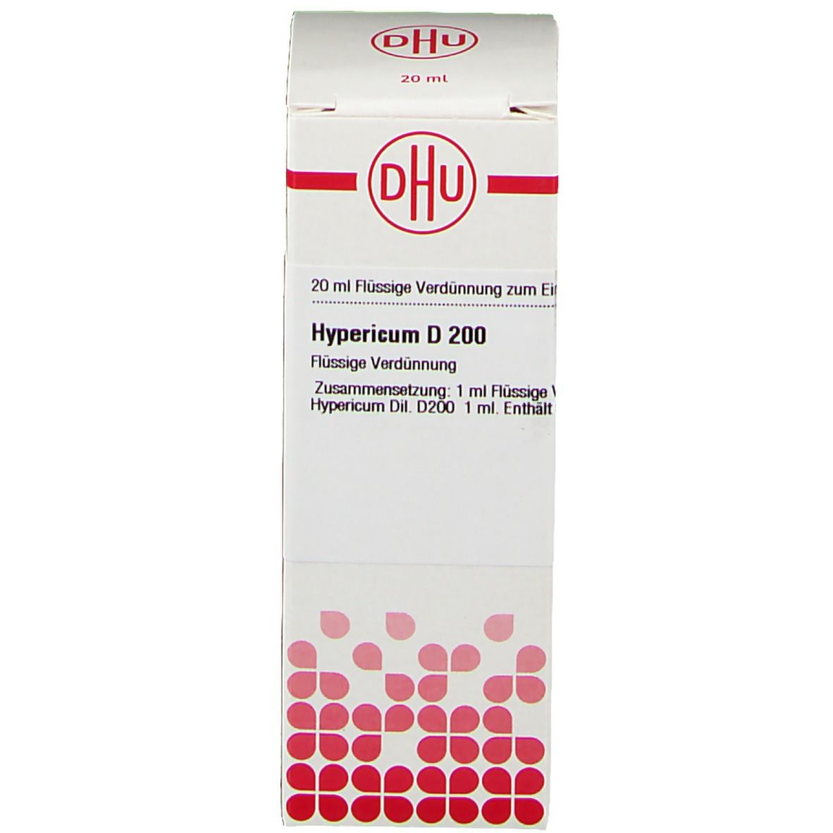 Verpackung mit Text: DHU, Hypericum D 200, 20 ml. Rote und weiße Verpackung.