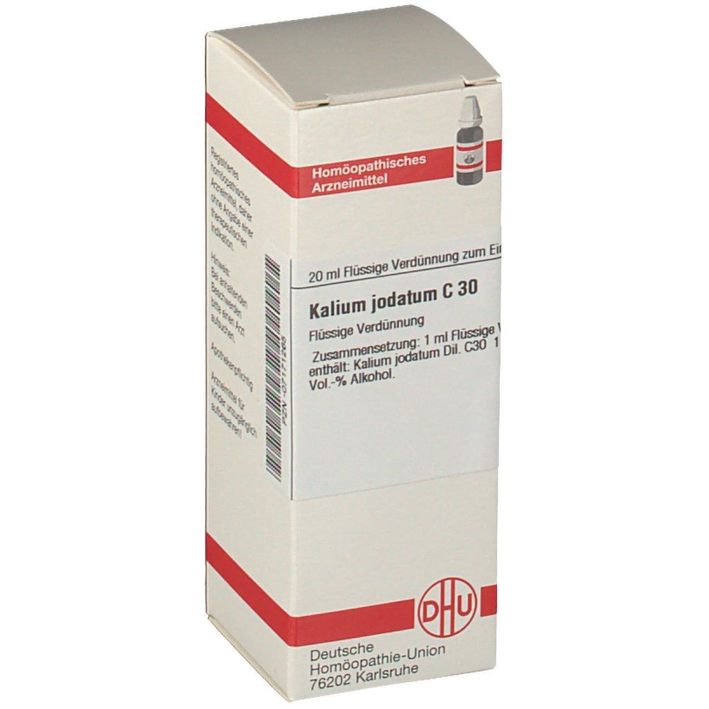 Weiße Faltschachtel mit roter Umrandung. Aufdruck: Kalium jodatum C 30, DHU Logo. Homöopathisches Arzneimittel.