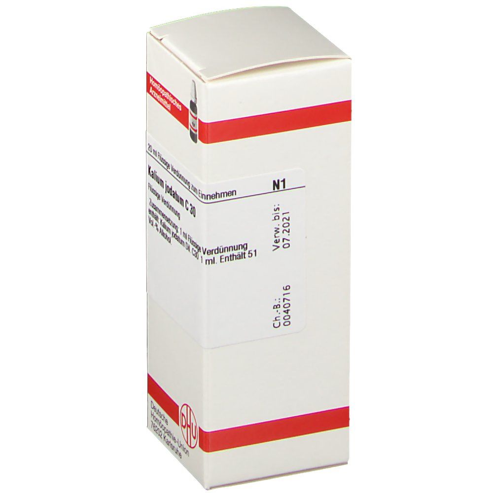 Weiße Faltschachtel, roter Rand. Aufdruck: Kalium jodatum C 30, N1. Verfallsdatum 07.2021. DHU Logo. Barcode.