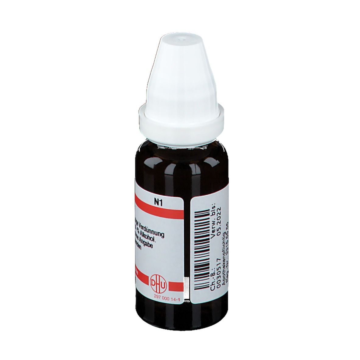 Braune Glasflasche mit weißem Verschluss. Etikett mit Text: DHU Kalium nitricum D 30. Homöopathisches Arzneimittel.