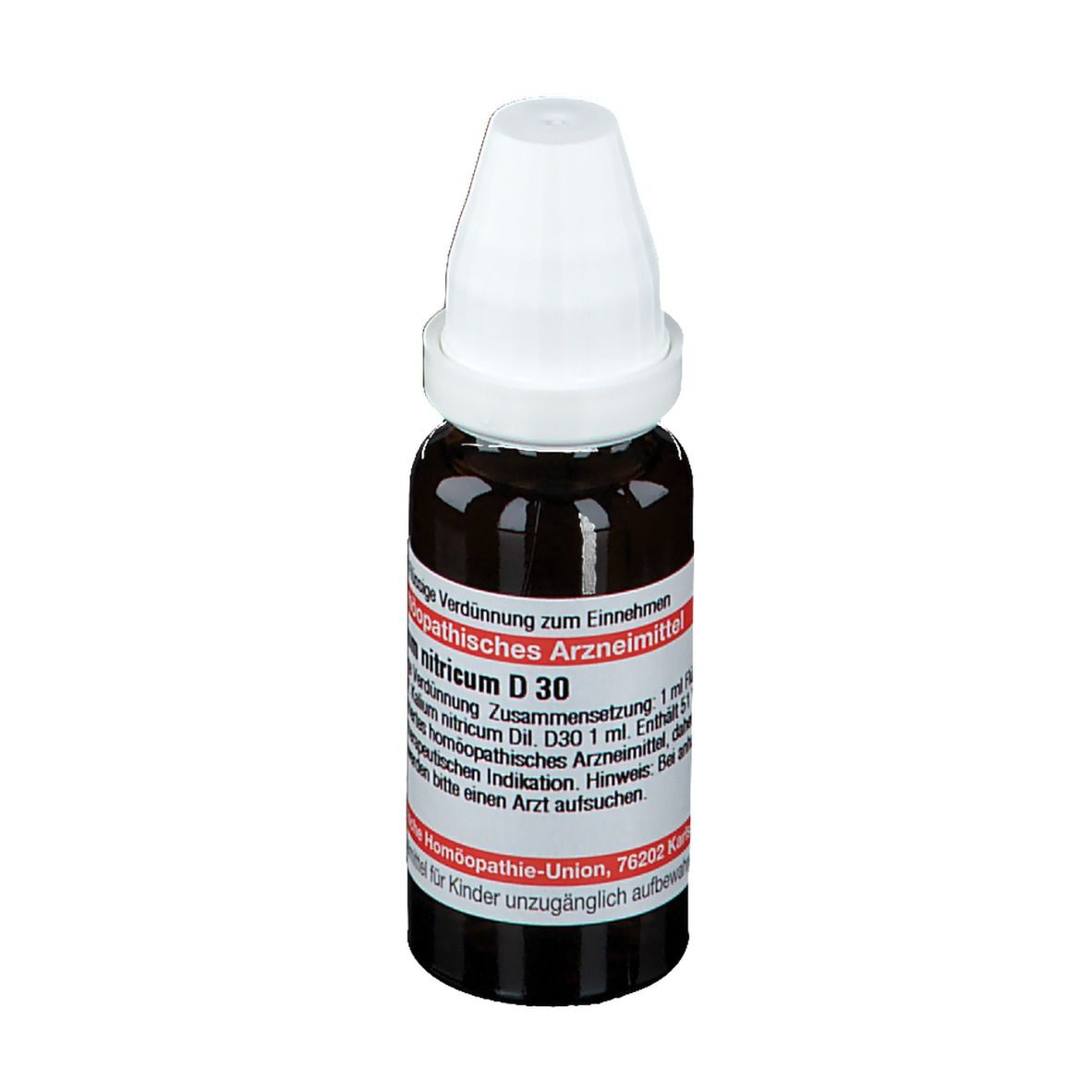 Braune Glasflasche mit weißem Verschluss. Etikett mit Text: DHU Kalium nitricum D 30. Homöopathisches Arzneimittel.