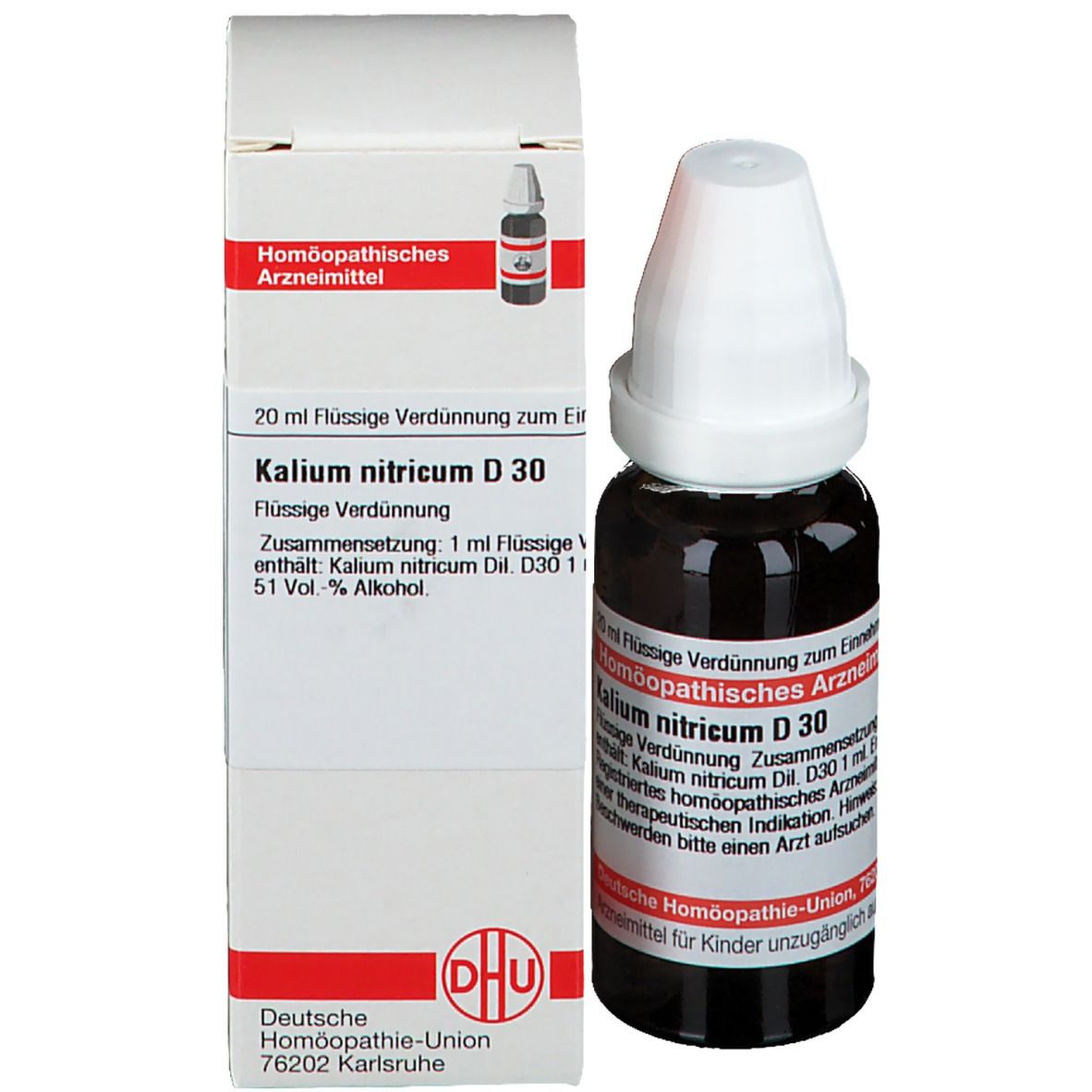 Produktverpackung mit brauner Flasche und weißem Verschluss. Aufschrift: DHU Kalium nitricum D 30. Homöopathisches Arzneimittel.