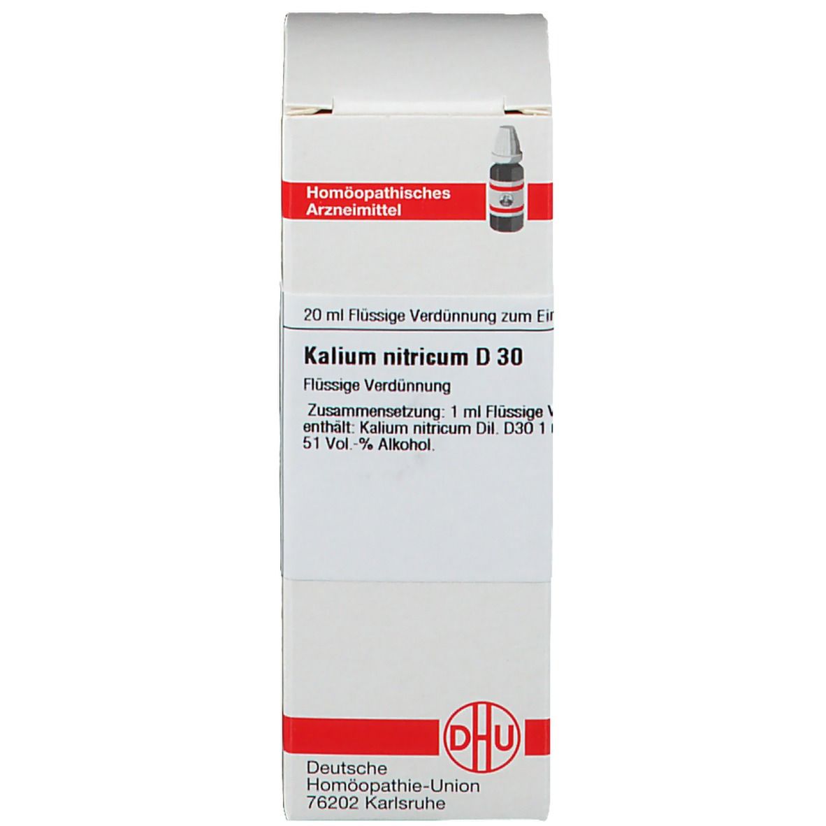 Produktverpackung mit brauner Flasche und weißem Verschluss. Aufschrift: DHU Kalium nitricum D 30. Homöopathisches Arzneimittel.