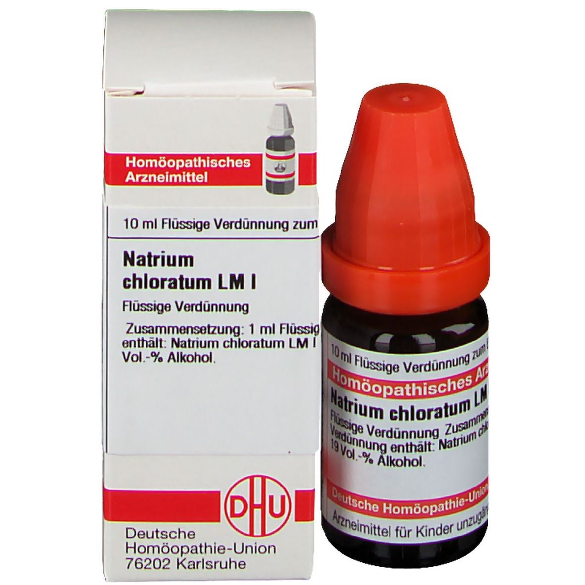 Produktverpackung und Flasche. Flasche mit rotem Verschluss, Etikett mit Text: Natrium chloratum LM I. Deutsche Homöopathie-Union.